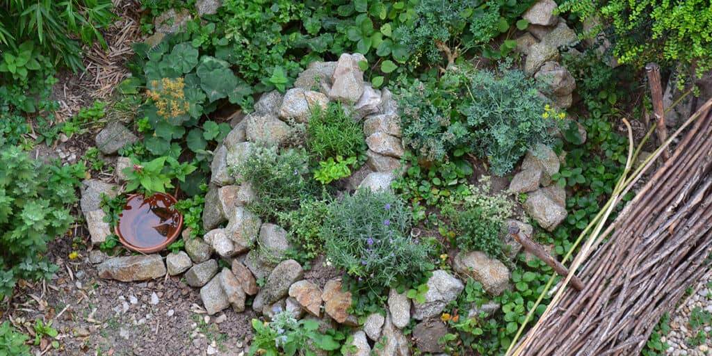 permaculture element: herb spiral in summer season
